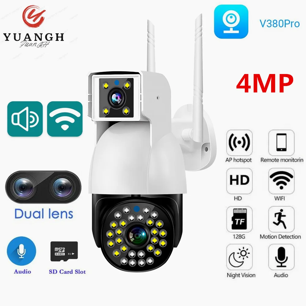 Telecamera Ip Di Sicurezza A Doppio Obiettivo 4Mp V380 Pro Wifi Outdoor Full Color Day And Night Vision Telecamera Speed Dome Impermeabile Wireless