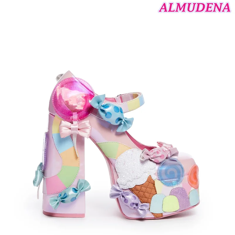 Pink Bow Rainbow Platform Mary Jane Shoes Donna Cute Chunky Heel Round Toe Pumps Big Size Handmade Designer Lady Lolita Shoe