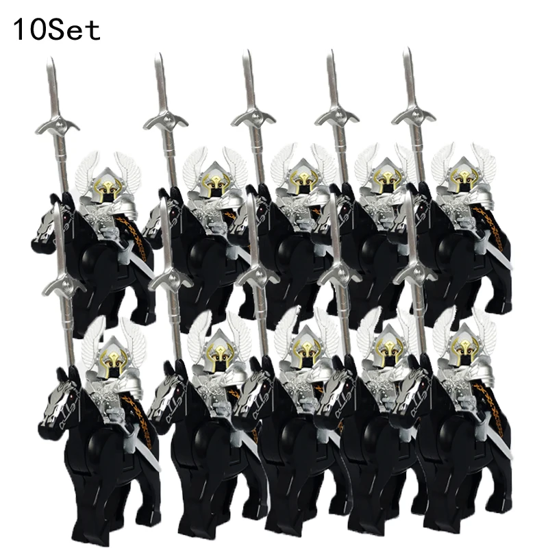 10 Set Gondor Knight Lotr 9471 Fountain Guard & Castle Roman Solider Black Falcon Con Horse Figure Building Block Giocattoli Per Bambini