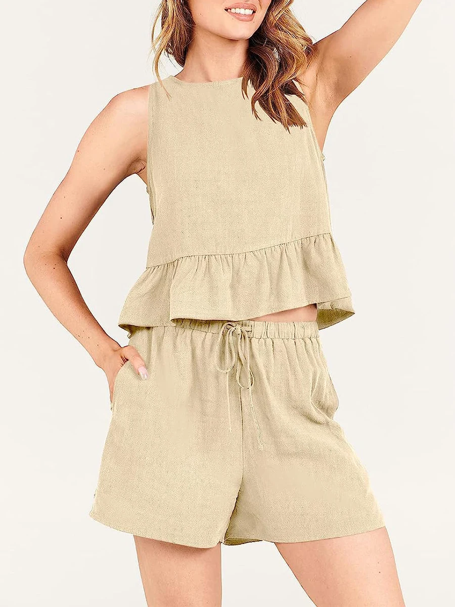 Donna 2 Pezzi Summer Waffle Knit Outfit Senza Maniche Crop Top Pantaloncini A Vita Alta Tuta Lounge Pjs Con Tasche