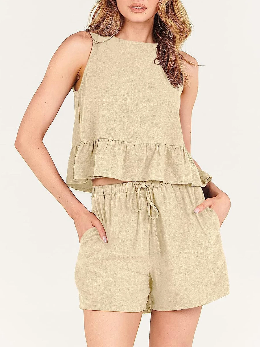 Donna 2 Pezzi Summer Waffle Knit Outfit Senza Maniche Crop Top Pantaloncini A Vita Alta Tuta Lounge Pjs Con Tasche