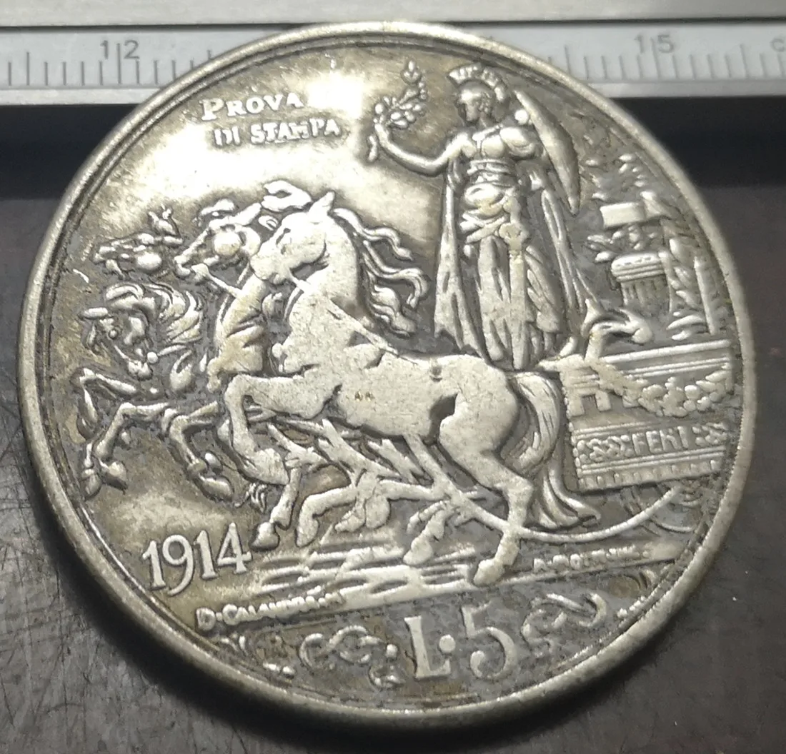 1914 Italia 5 Lire-Vittorio Emanuele Iii (Prova Di Stampa) In Argento Placcato Moneta (Tipo 2)