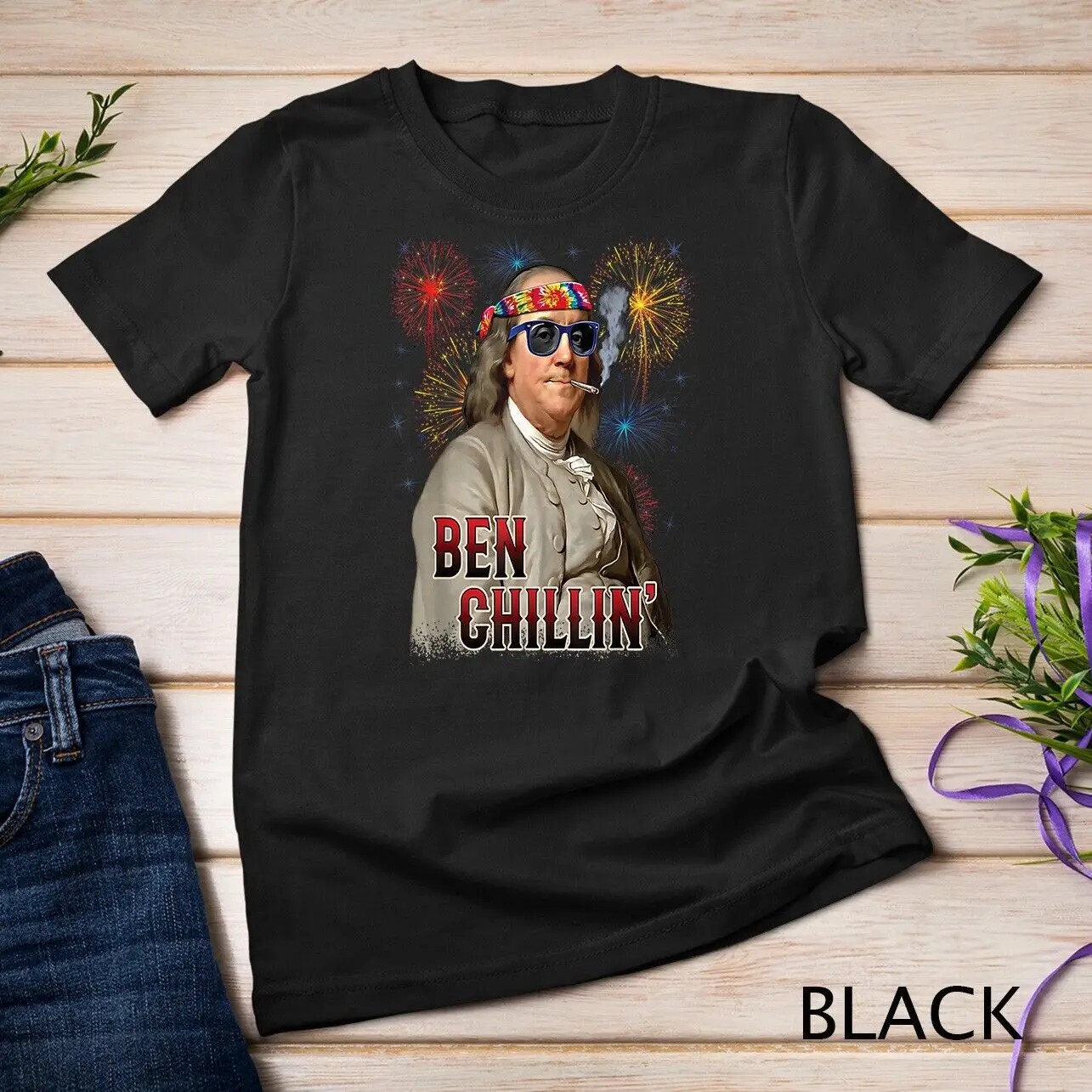 Ben Chilling Stoner Ben Franklin 4 Luglio Fuochi D'Artificio T-Shirt Unisex T-Shirt