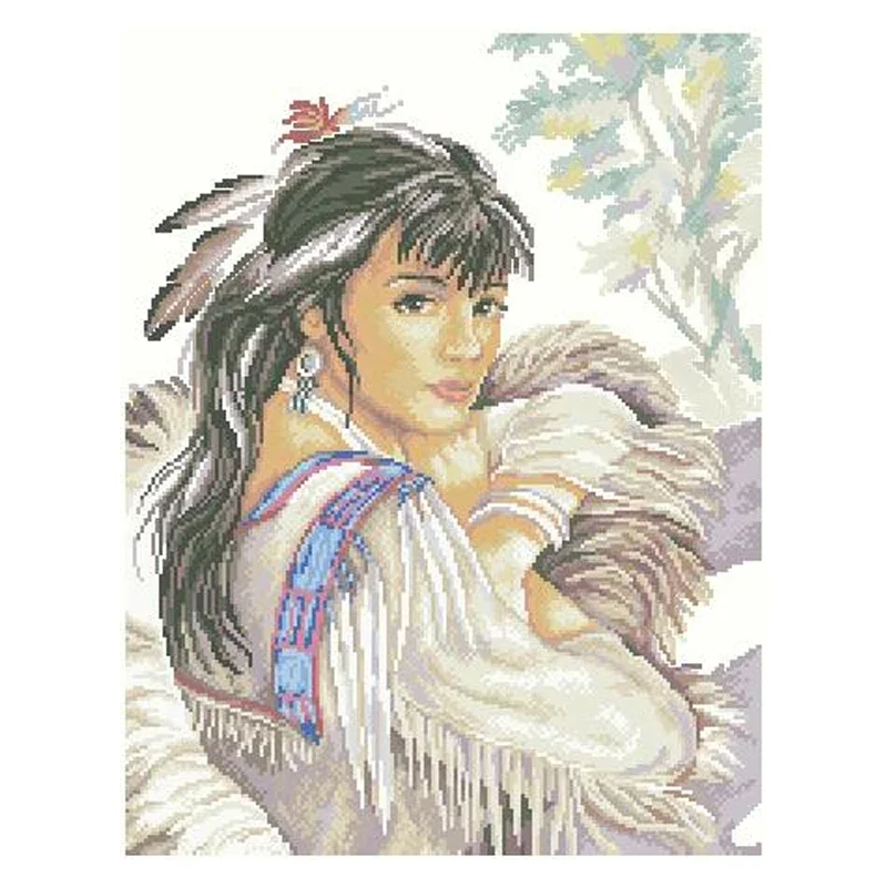 Amishop Top Quality Conted Lovely Cute Cross Stitch Kit Native American Woman Indian Wonderful Moments