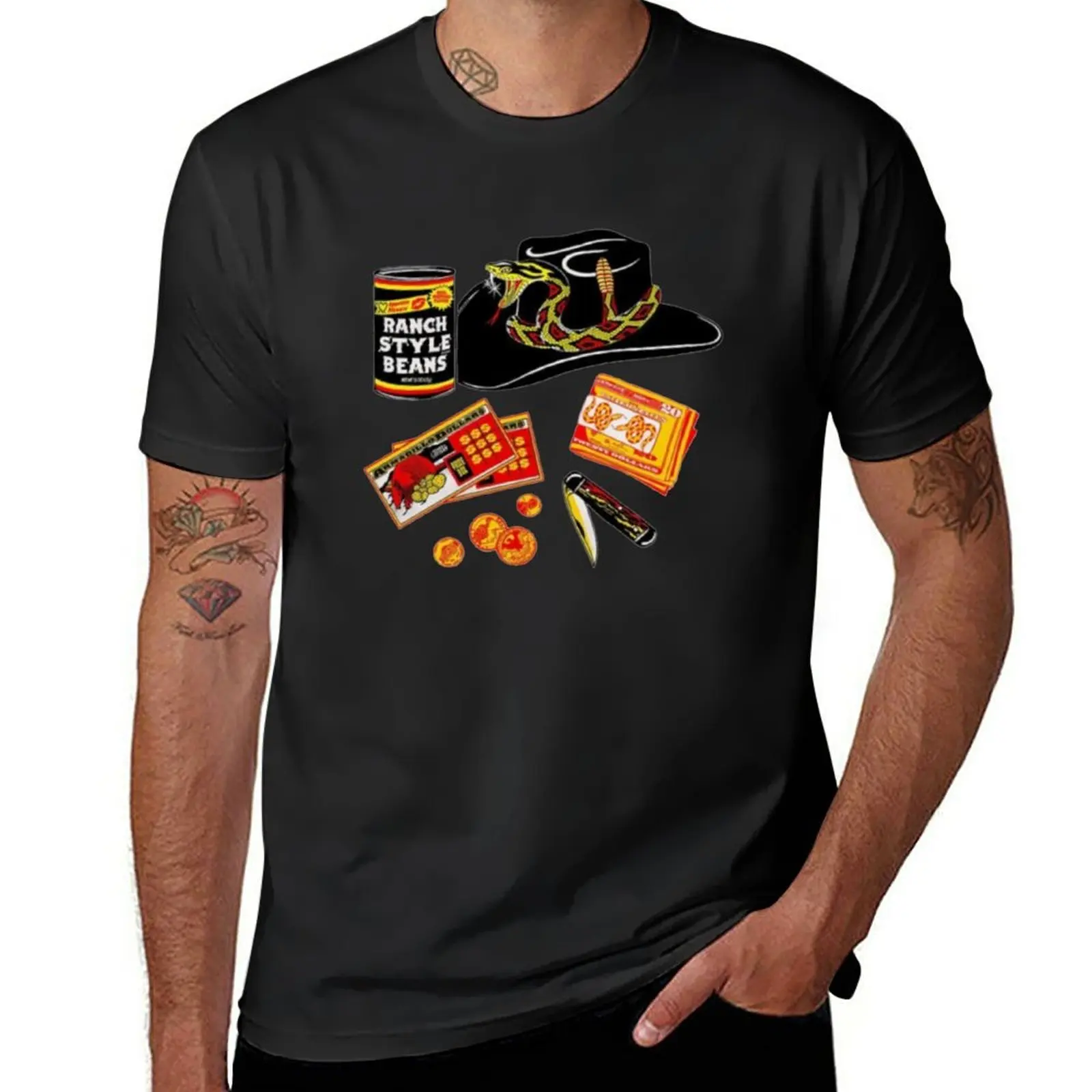 South Western County Guitar Cappello Da Cowboy Can Of Beans Redneck Ranch Style Sonaglio Snake Tex Mex Casino Gambling Pocket Knif T-Shirt