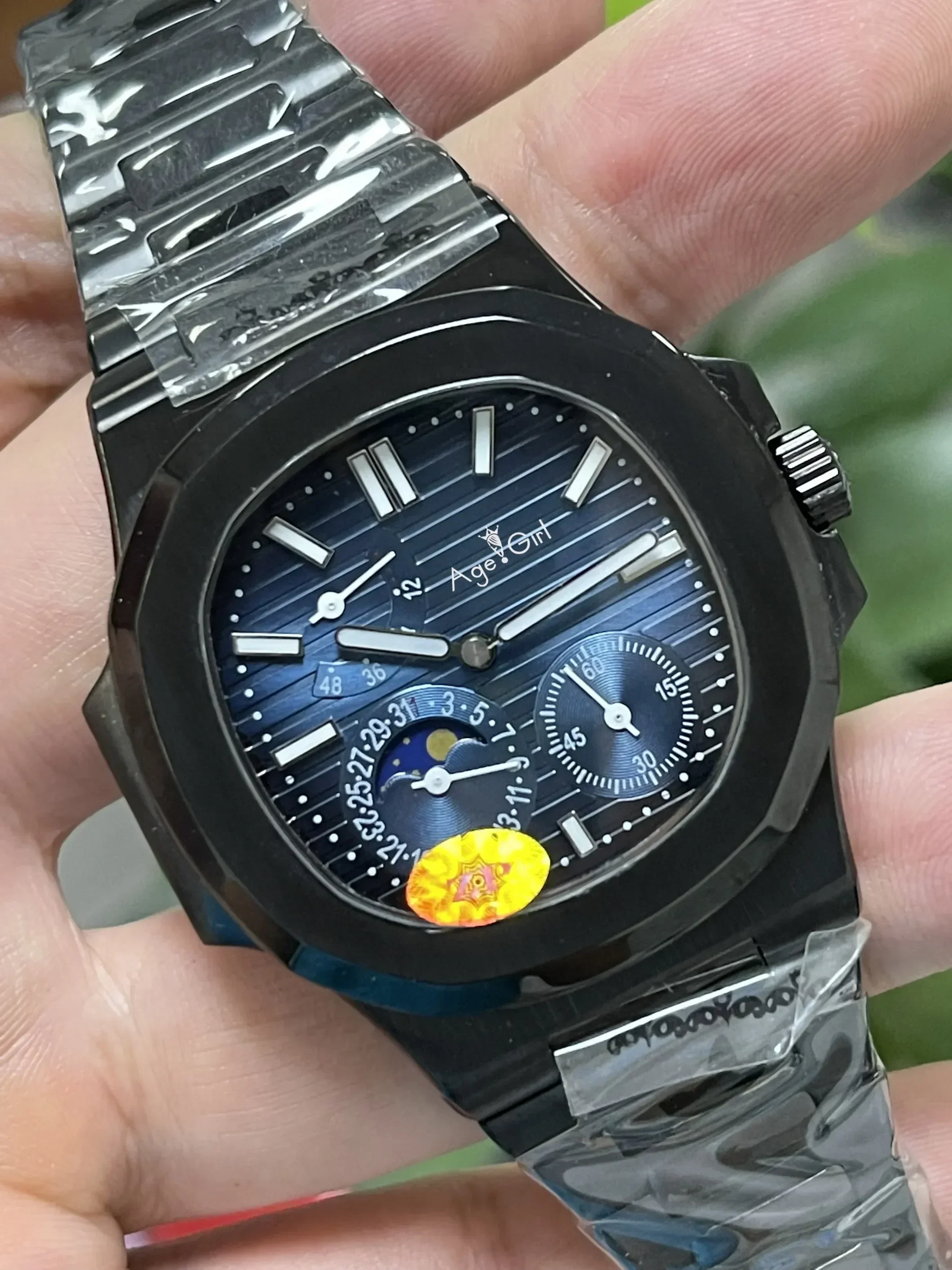 Orologio Meccanico Automatico Da Uomo Nuovo Di Lusso In Acciaio Inossidabile Full Black Blue Green Moon Phase Power Watches 5712 Nautilus Style