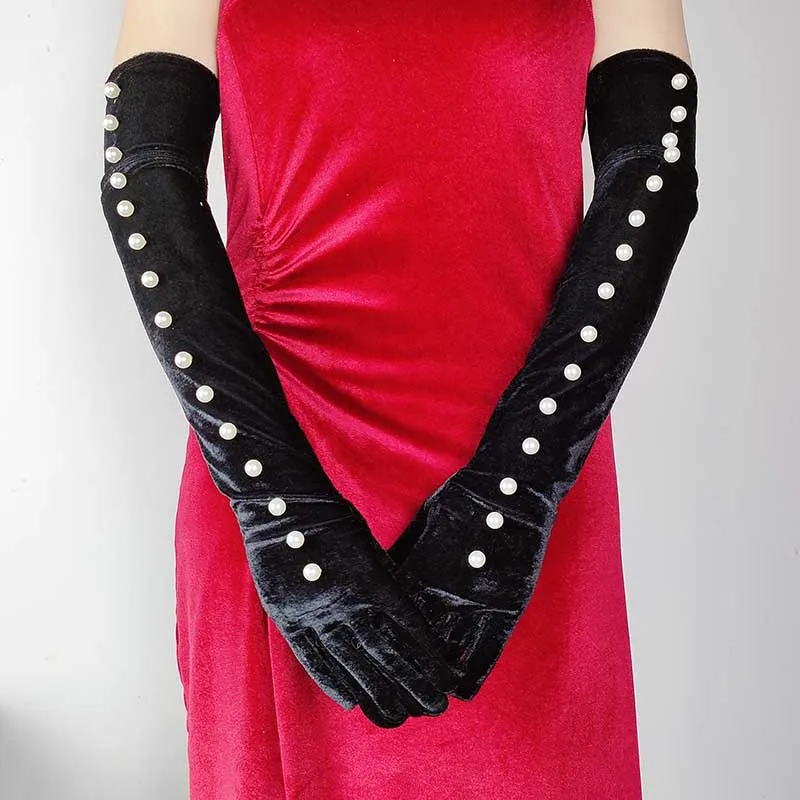 Donne Halloween Makeup Party Cosplay Full Finger Warm Black Mitten 55Cm Long Sticky Pearl Gold Velvet Dinner Dress Guanto Da Ballo