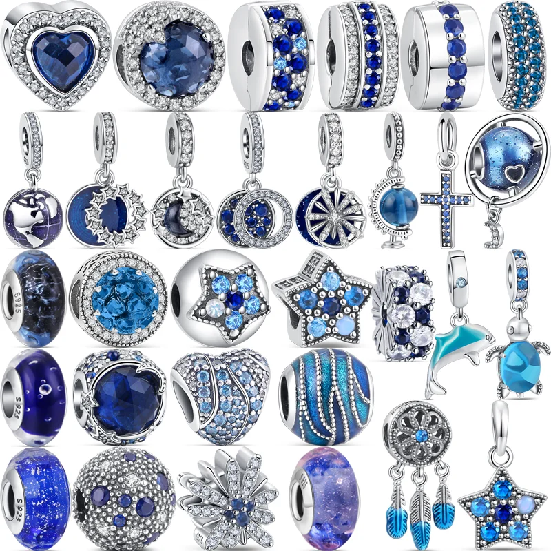 2024 New Blue Series Fit Original Pandora Charms Bracciali Gioielli Da Donna Fai Da Te Sky Star Snowflake Sparkling Love 925 Silver Beads
