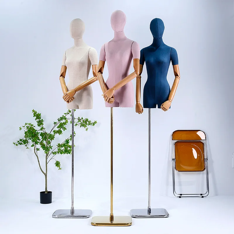New Arrival Fabric Cover Female Half Body Mannequin Metal Base With Wood Arm For Wedding Clothing Display Women Adjustable Rack