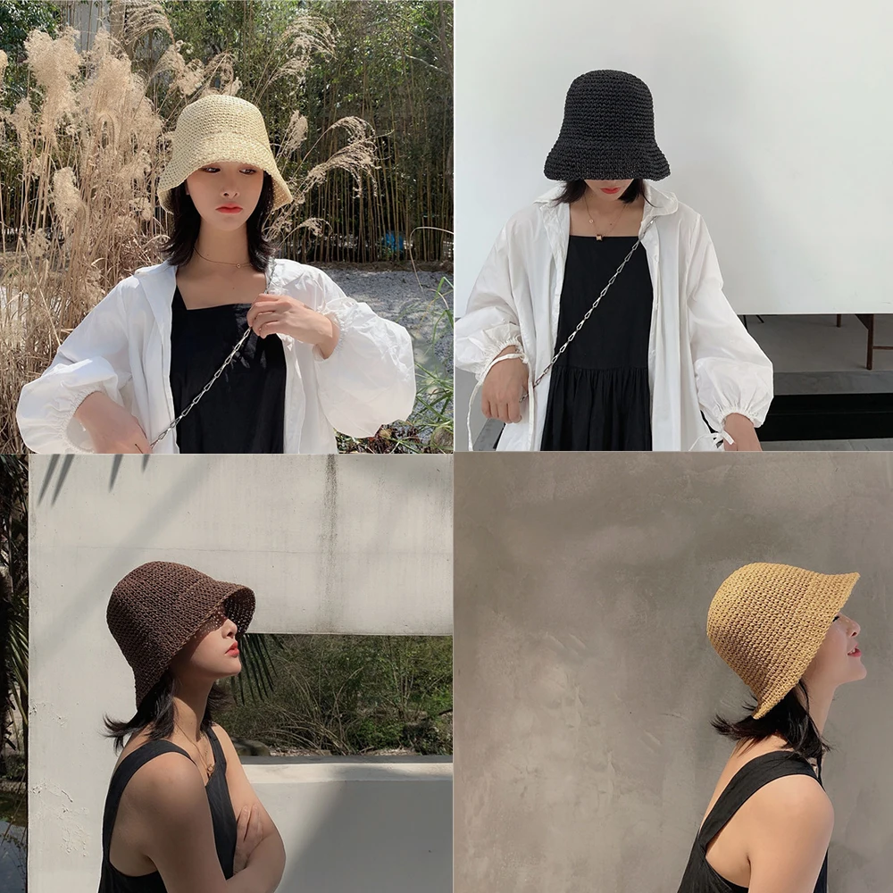 Hot Women'S Fashion Summer Cap Fisherman Hat Hand-Woven Bucket Straw Beach Hat Sunscreen Hats