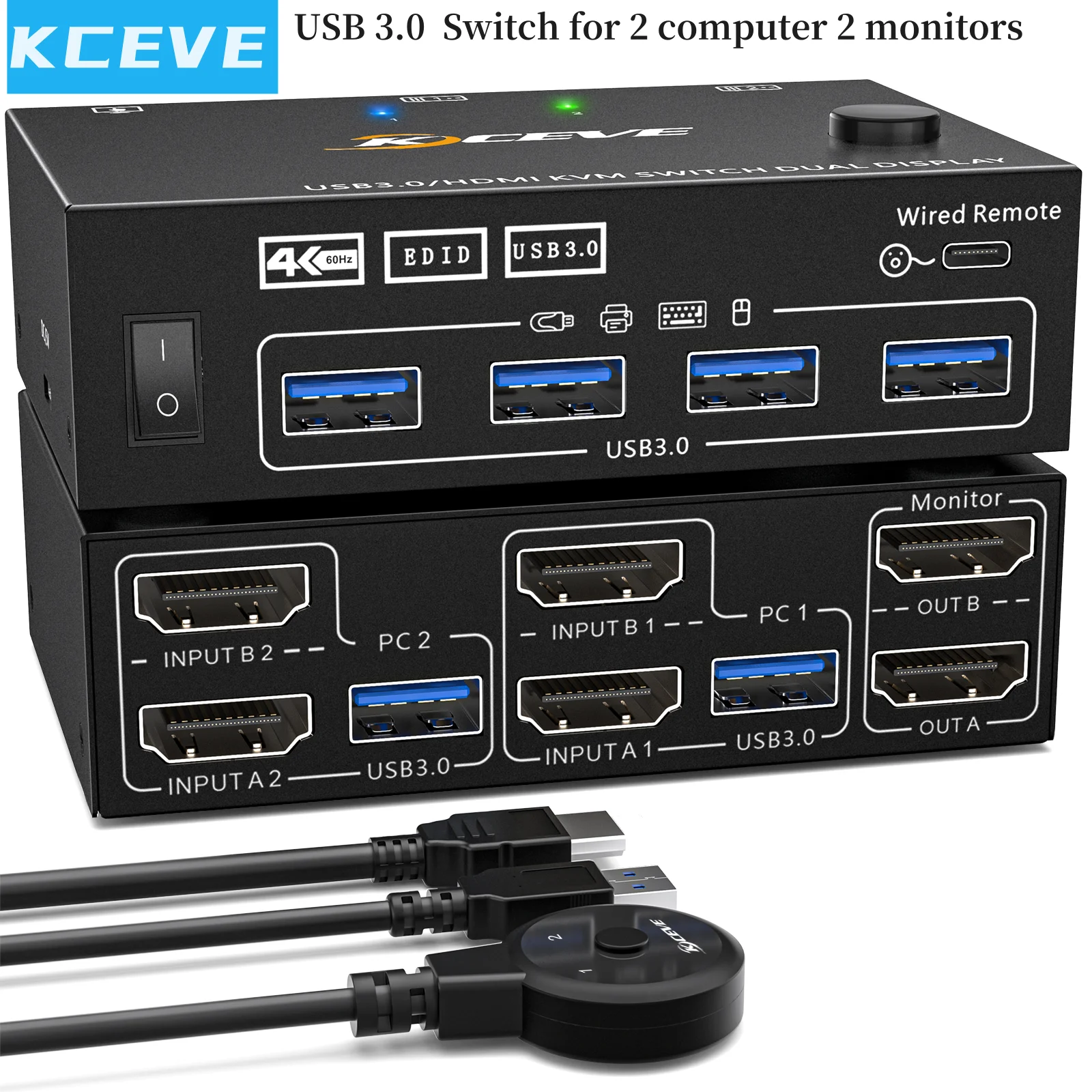 Kceve Kvm Switch Hdmi Dual Monitor Usb Hdmi Display Esteso Switcher Per 2 Computer 2 Monitor E 4 Porte Usb 3.0 Con Simu