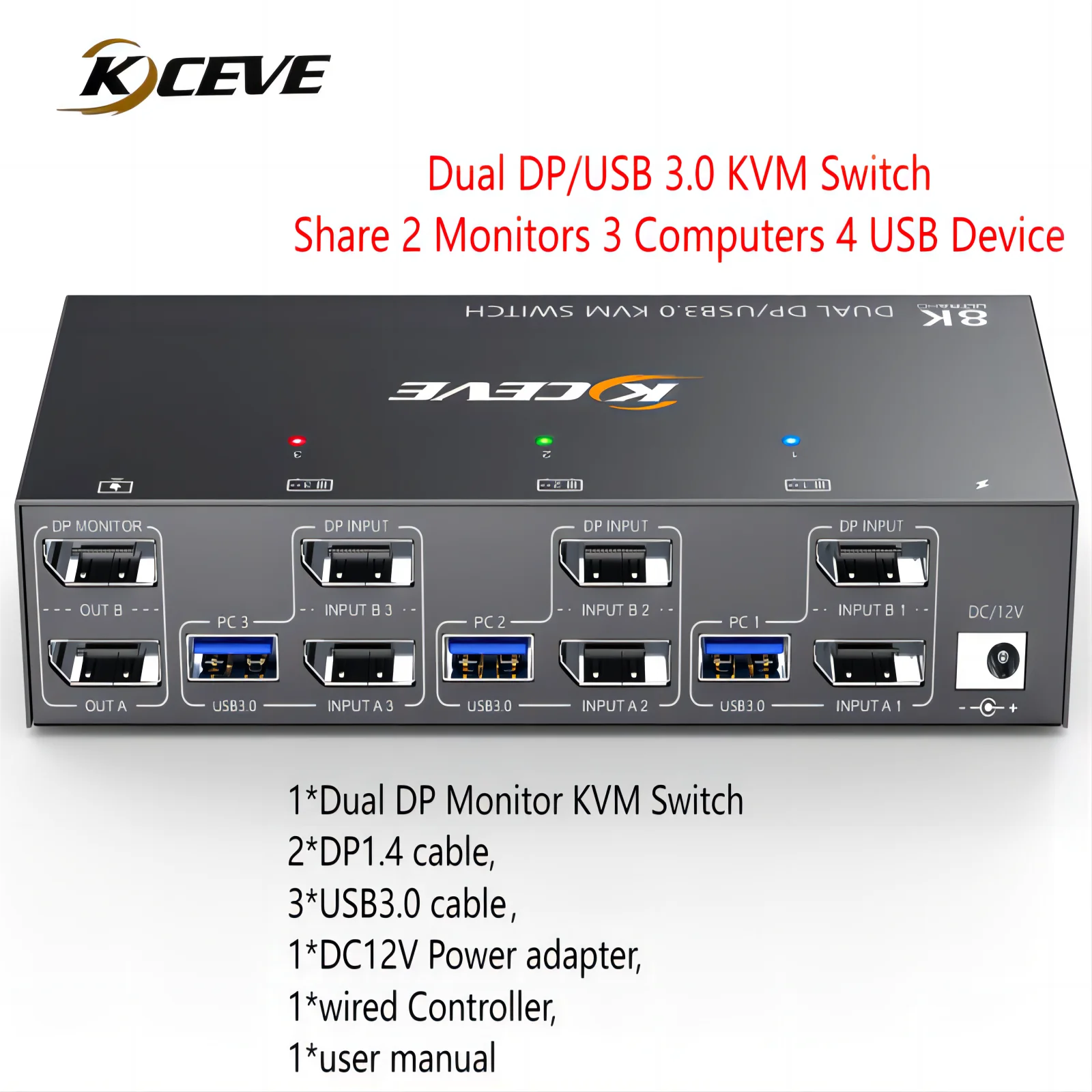 Kceve Kvm Switch 2 Monitor 3 Computer 8K @ 60Hz 4K @ 144Hz,Usb3.0 Dual Monitor Kvm Switch Displayport 1.4 Con 4 Dispositivi Usb 3.0