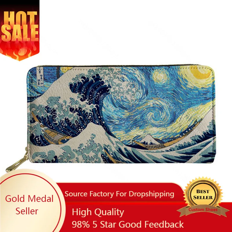 Cute Ocean Wave Print Art Portafoglio Lungo Coin Phone Zip Around Portafogli Per Le Donne Designer Luxury Card Holders Borsa Pochette