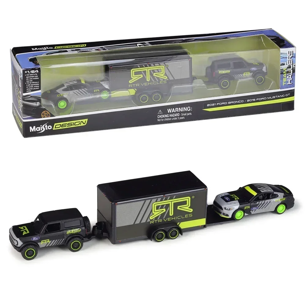 Maisto 1:64 2021 Ford Bronco/2015 Ford Mustang Gt Trailer Transport Trailer Set Lega Diecast Car Model Toy Gifts B924