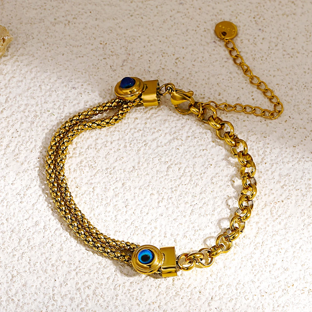Aensoa Bracciale In Acciaio Inossidabile Placcato Oro 18 Carati Con Occhi Diabolici Blu Bracciale Con Catena A Serpente Bracciale Con Catena Cubana Gi