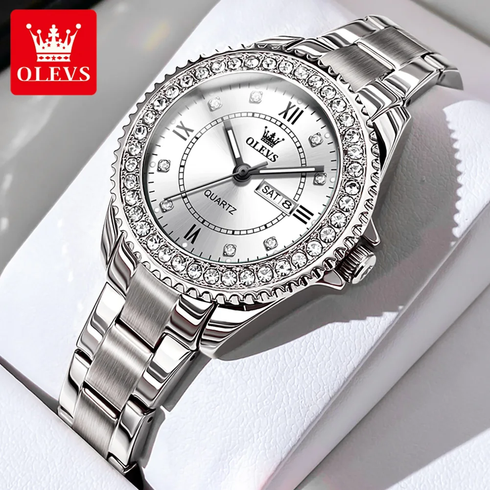 Olevs Orologi Da Donna Young Girl Fashion Elegant Original Quartz Famale Orologio Da Polso Drill Ring Dial Date Week Impermeabile Luminoso