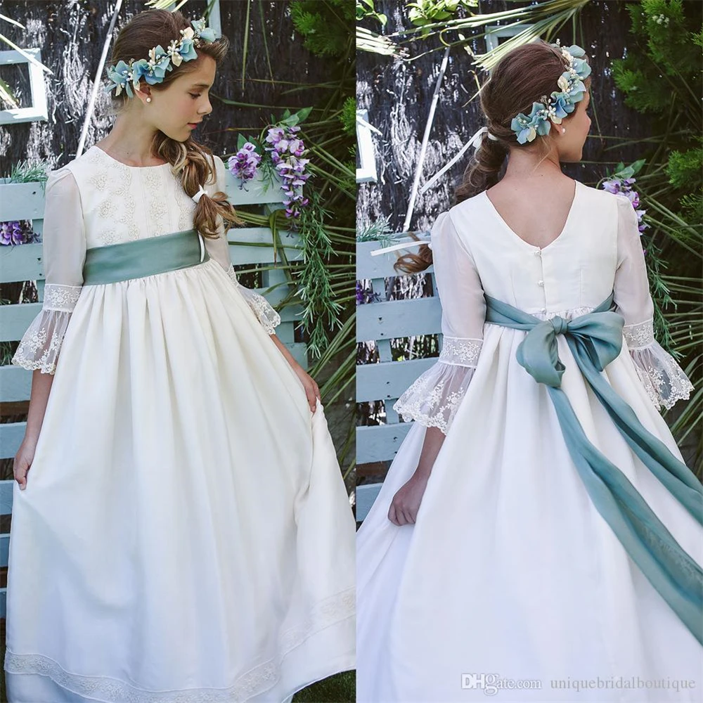 3/4 Maniche Lunghe Romantico Pizzo Francese Flower Girl Abiti Vestidos Primera Comunion Para Ninas Jewel Neck Colore Diverso