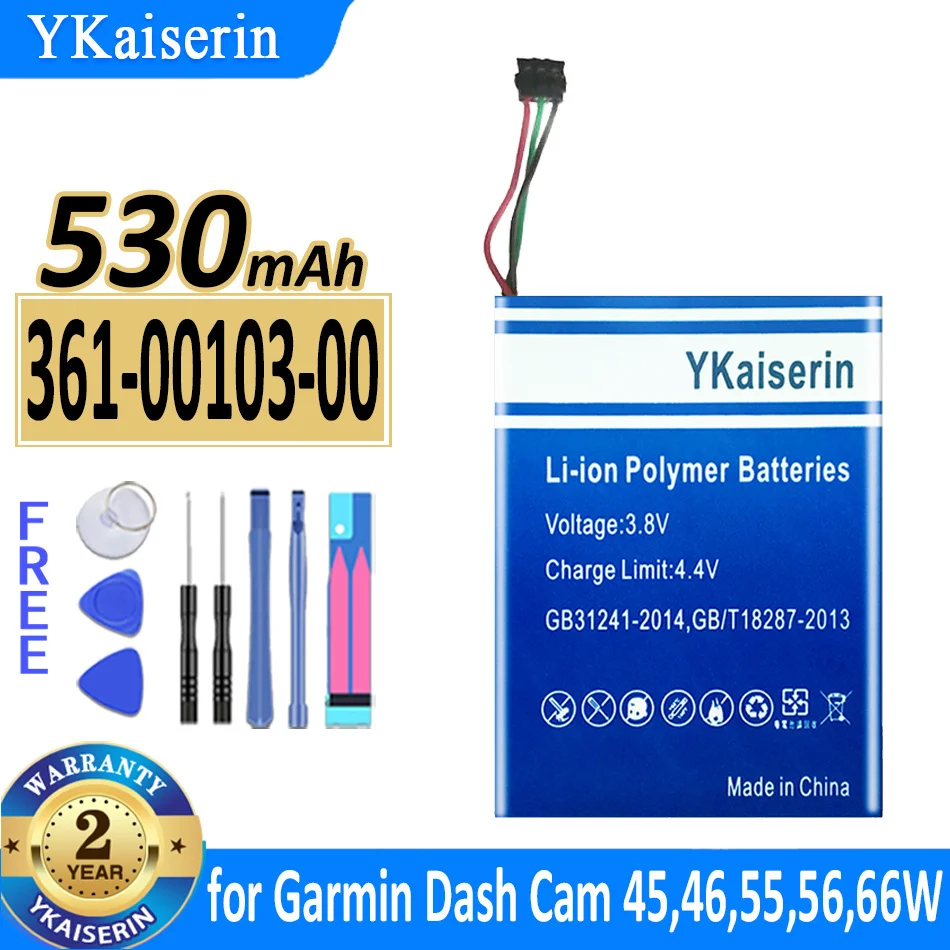 Batteria Ykaiserin 530Mah 361-00103-00 Per Garmin Dash Cam 45 46 55 56 66W Registratore Di Guida Bateria