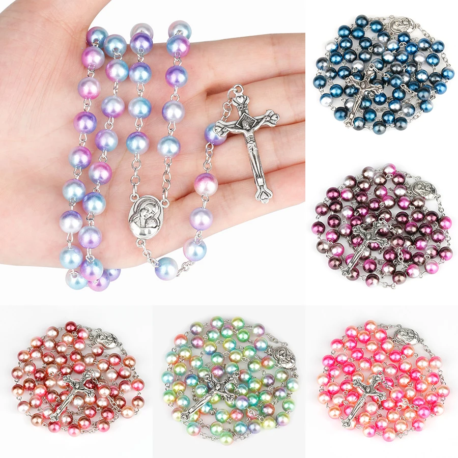Fashion Religion Rosary Necklace For Women Christian Virgin Mary Jesus Cross Pendant 8Mm Long Beads Chains Trendy Jewelry