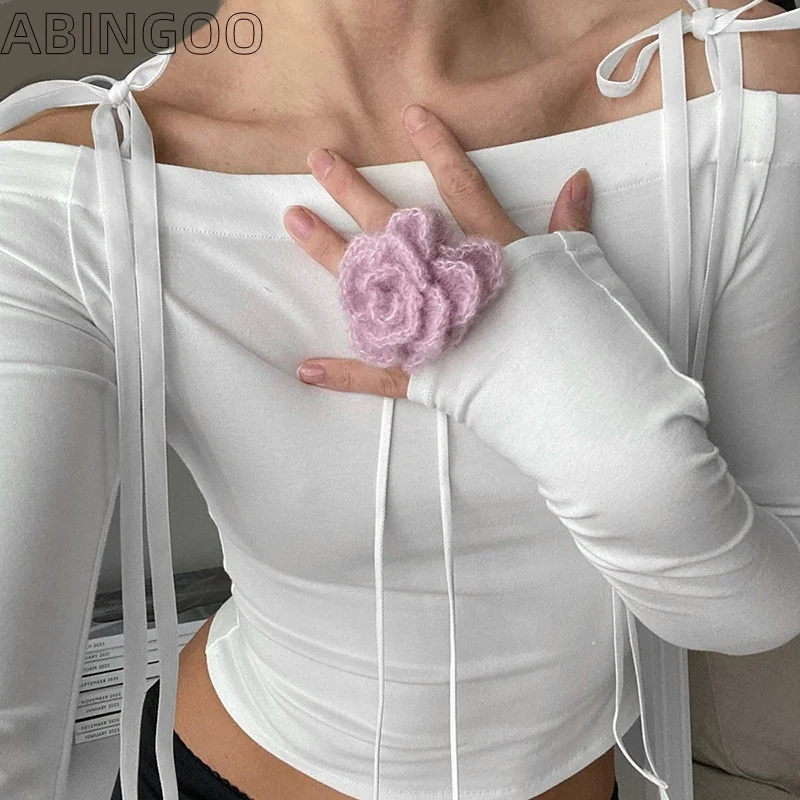 Abingoo Pure Desire Style Lace Up Bow Tie Off Spalla Manica Lunga Off Back Sexy Top T-Shirt A Maniche Lunghe Attillata Bianca Y2K Da Donna