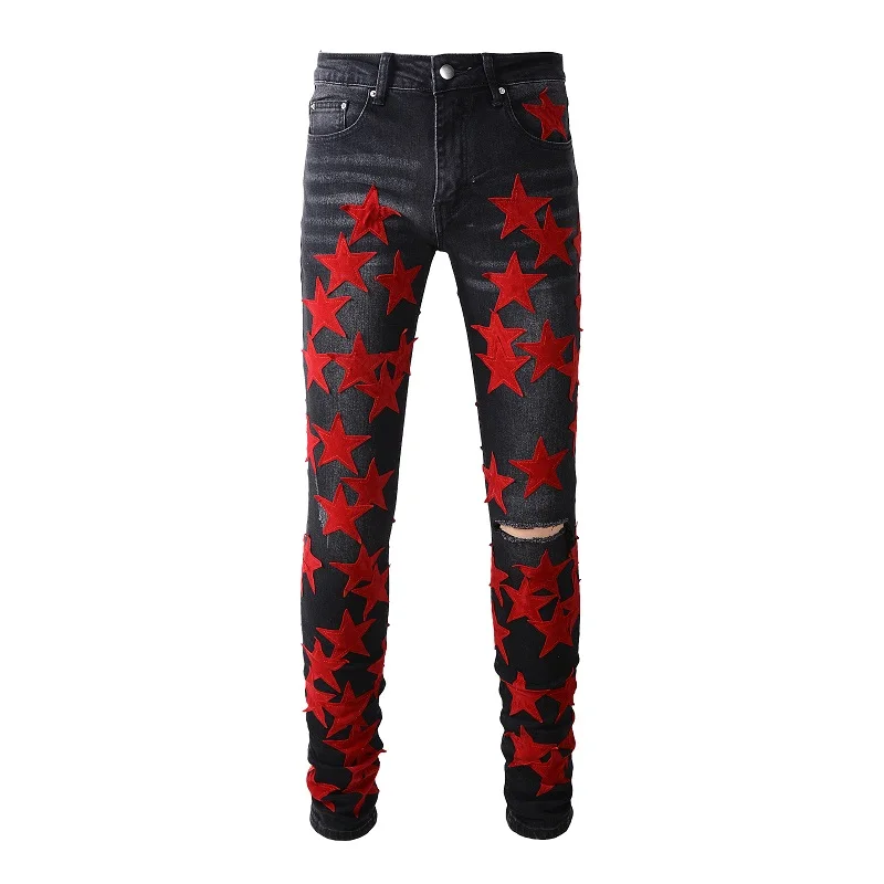 High Street Cool Jeans Skinny Hole Collision Color Star Patch Broken Stretch Slim Fit Hole Pants For Men