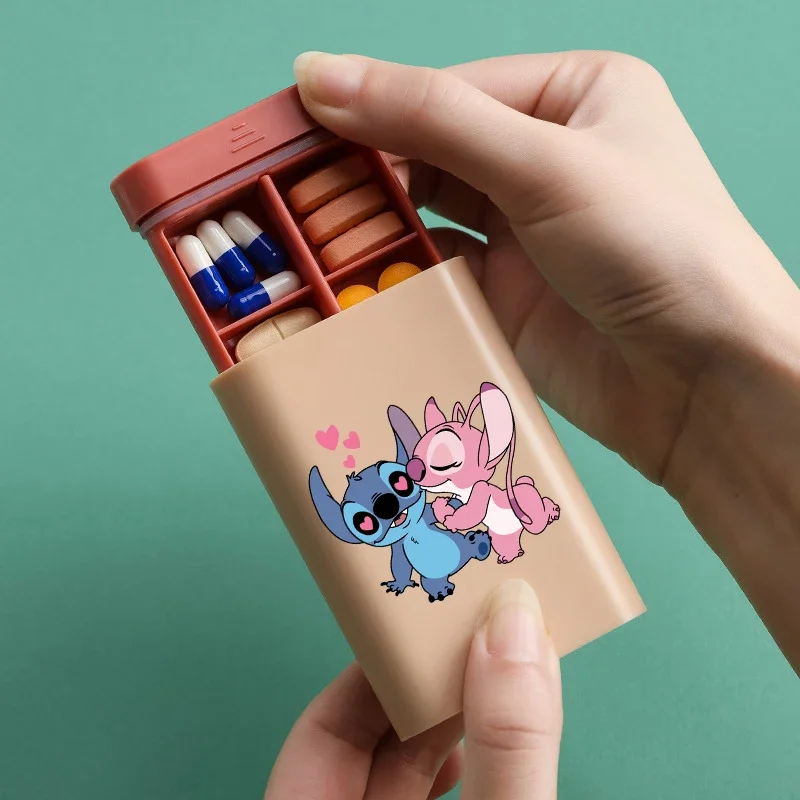 Stitch Kawaii Pill Box Mini Pill Organizer Travel Portable Pocket Essentials 6 Grid Pill Box Medicine Cartoon Storage Box