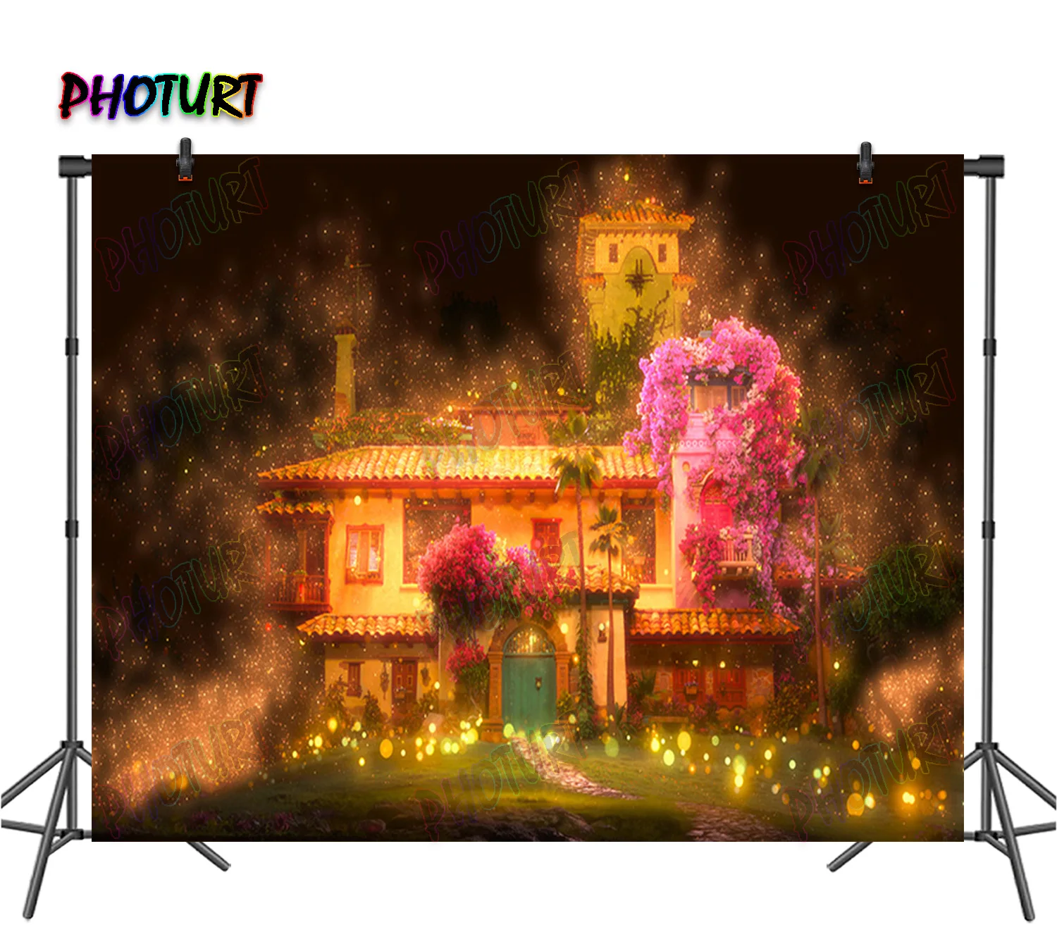 Photurt Encanto Magic House Sfondo Bambini Compleanno Fotografia Sfondo Rosa Fiore Parete Poliestere Vinile Decorazione Booth Prop