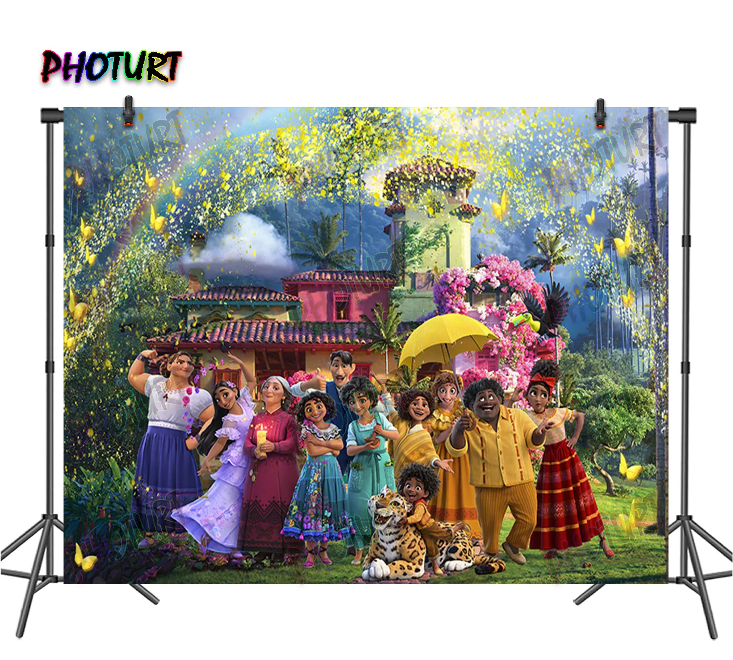 Photurt Encanto Magic House Sfondo Bambini Compleanno Fotografia Sfondo Fiore Parete Arcobaleno Poliestere Vinile Decor Booth Prop