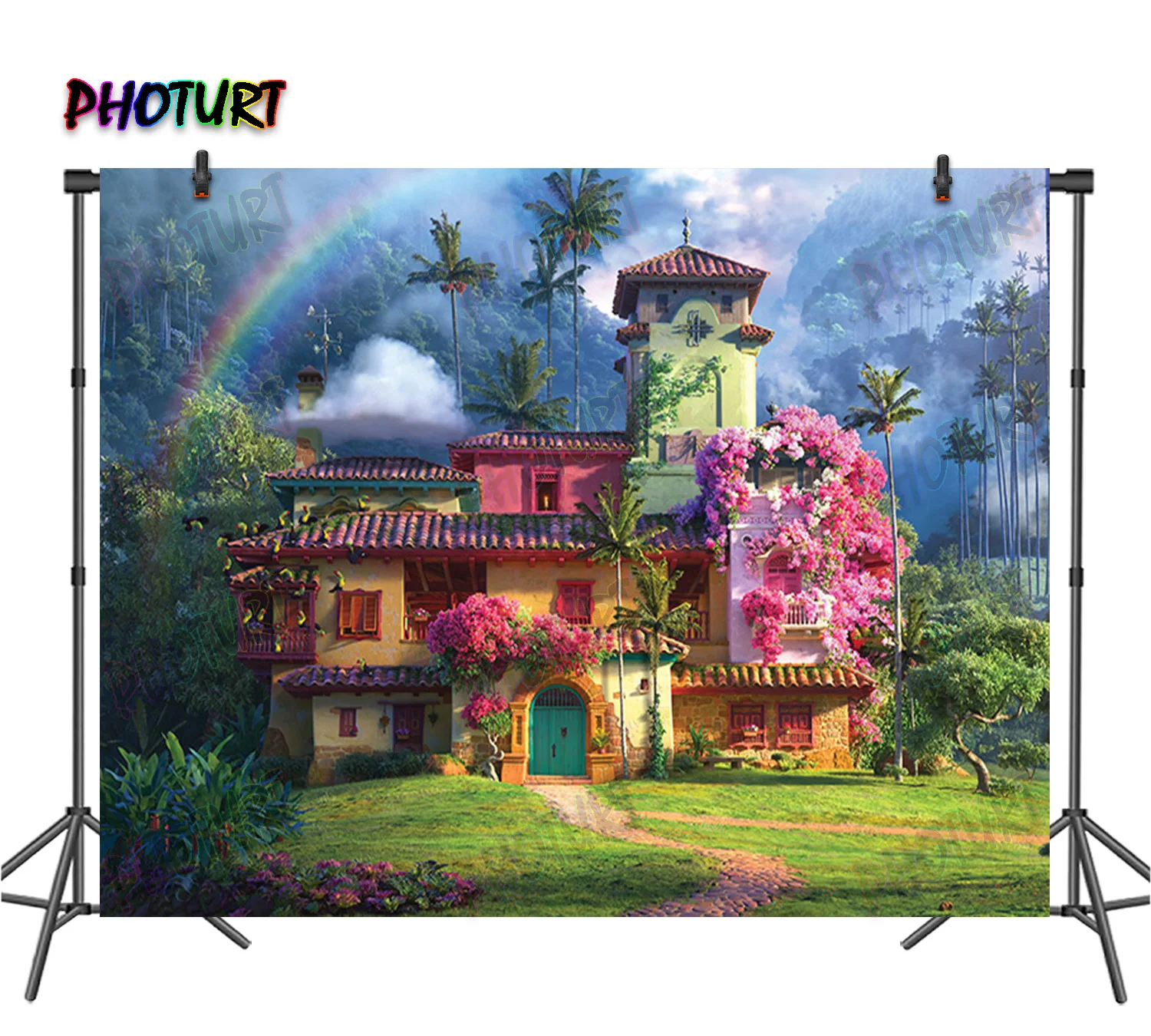 Photurt Encanto Magic House Sfondo Bambini Compleanno Fotografia Sfondo Fiore Parete Arcobaleno Poliestere Vinile Decor Booth Prop