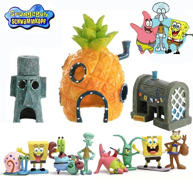 New Spongebob Action Figures Toy Set Fish Tank Decoration Anime Aquarium Doll Decor Cartoon Ananas House Crab King Decoration
