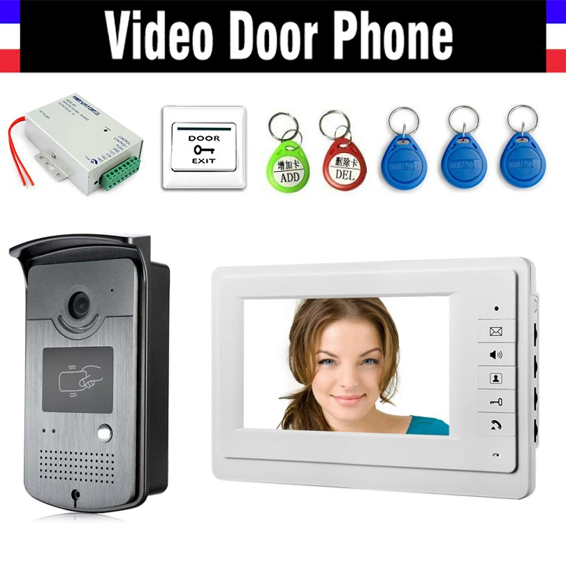 7 "Schermo Videocitofono Citofono Citofono 5 Pezzi Telecomando Rfid + Telecamera Per Visione Notturna Ir + Alimentatore + Uscita Porta