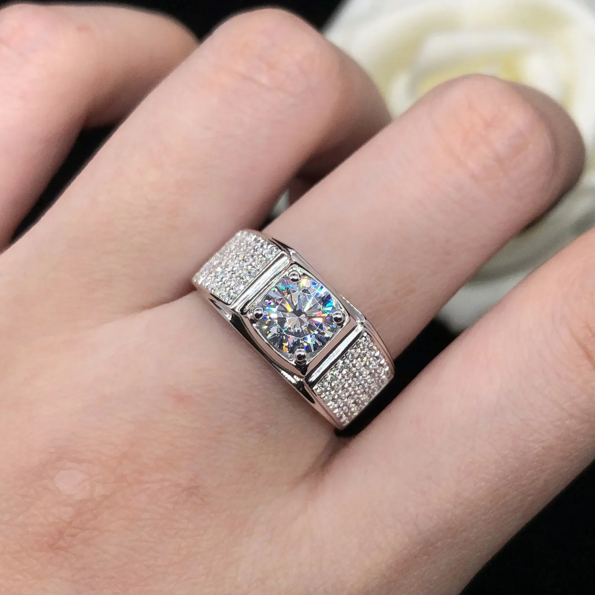 Solid 14K White Gold Au585 Platinum Pt950 Moissanite Diamond Ring Atmosphere Anello Da Uomo Anello Da Uomo Largo
