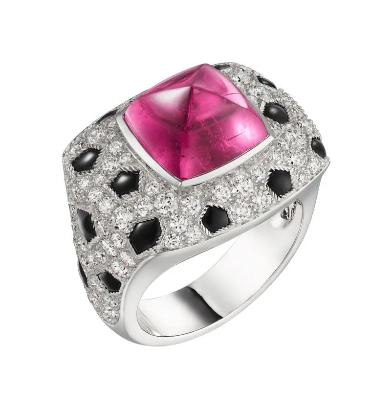 Ayjewelry Top Quality 925 Sterling Silver Ruby Pink High Carbon Diamond Love Cz Black Panther Spot Rings Per Le Donne Gioielleria Raffinata