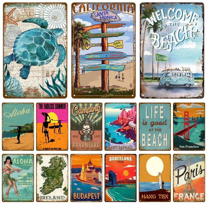Vintage Summer Beach Metal Signs Famous City Landscape Poster Targa In Latta Retro Wall Art Decor Per Soggiorno Home Seaside