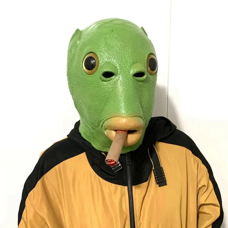 Reneecho Latex Mask Monster Fish Head Deluxe Rubber Demon Headgear Funny Green Fish Mask Per Purim Party
