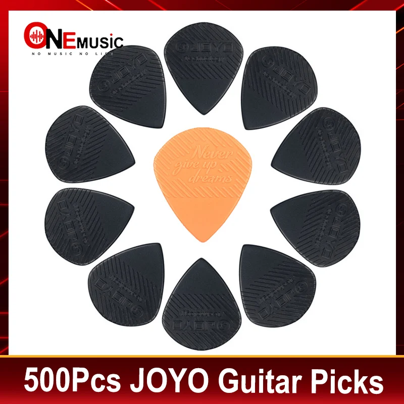 500 Pezzi Joyo Plettro Per Chitarra "Never Give Up Dreams" 1.5Mm Thinckness Nero/Arancione