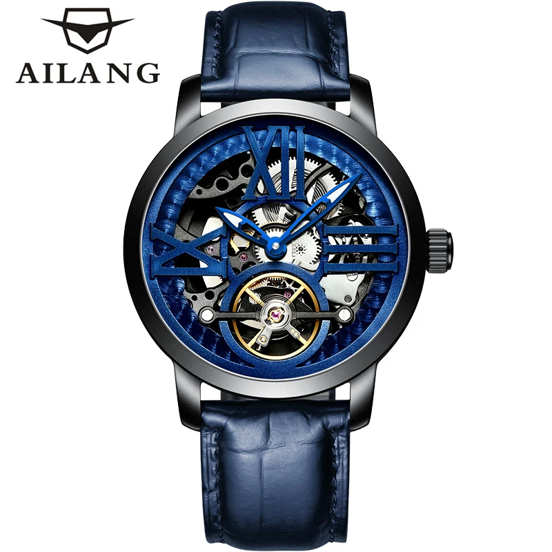 Ailang Brand Luxury Tourbillon Orologio Meccanico Per Uomo Fashion Blue Leather Strap Waterproof Fashion Skeleton Watches Mens