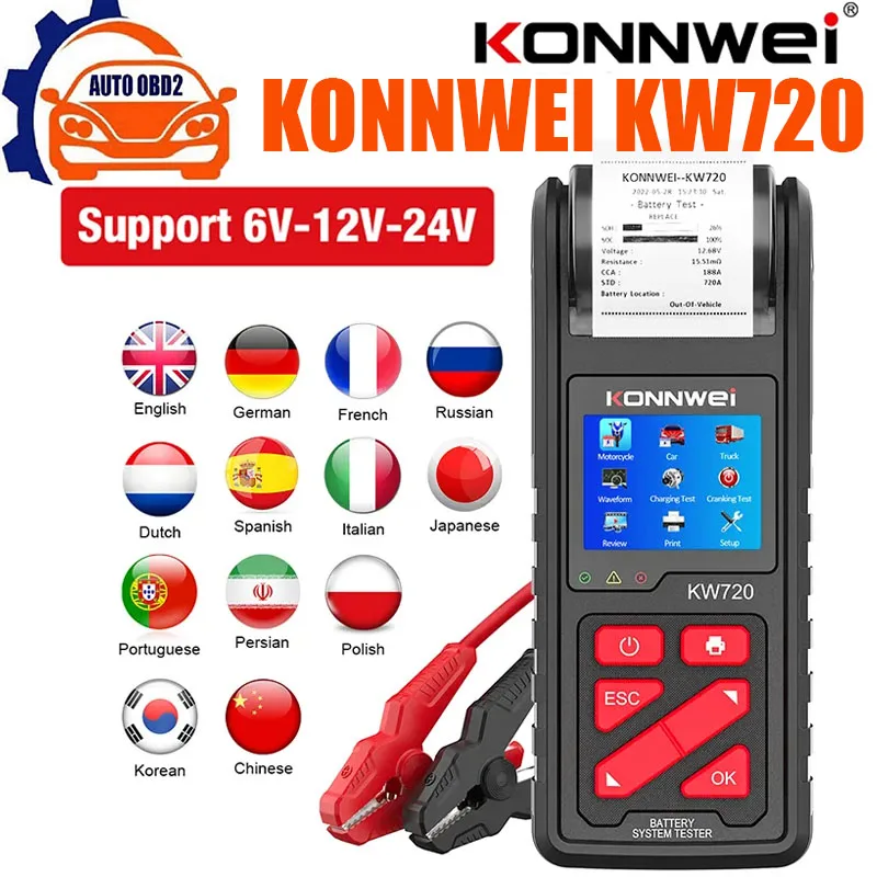 Konnwei Kw720 6V/12V/24V Moto Car Truck Battery Tester Analizzatore Di Batterie Ricarica Strumenti Di Prova Di Avviamento Con Stampante Integrata