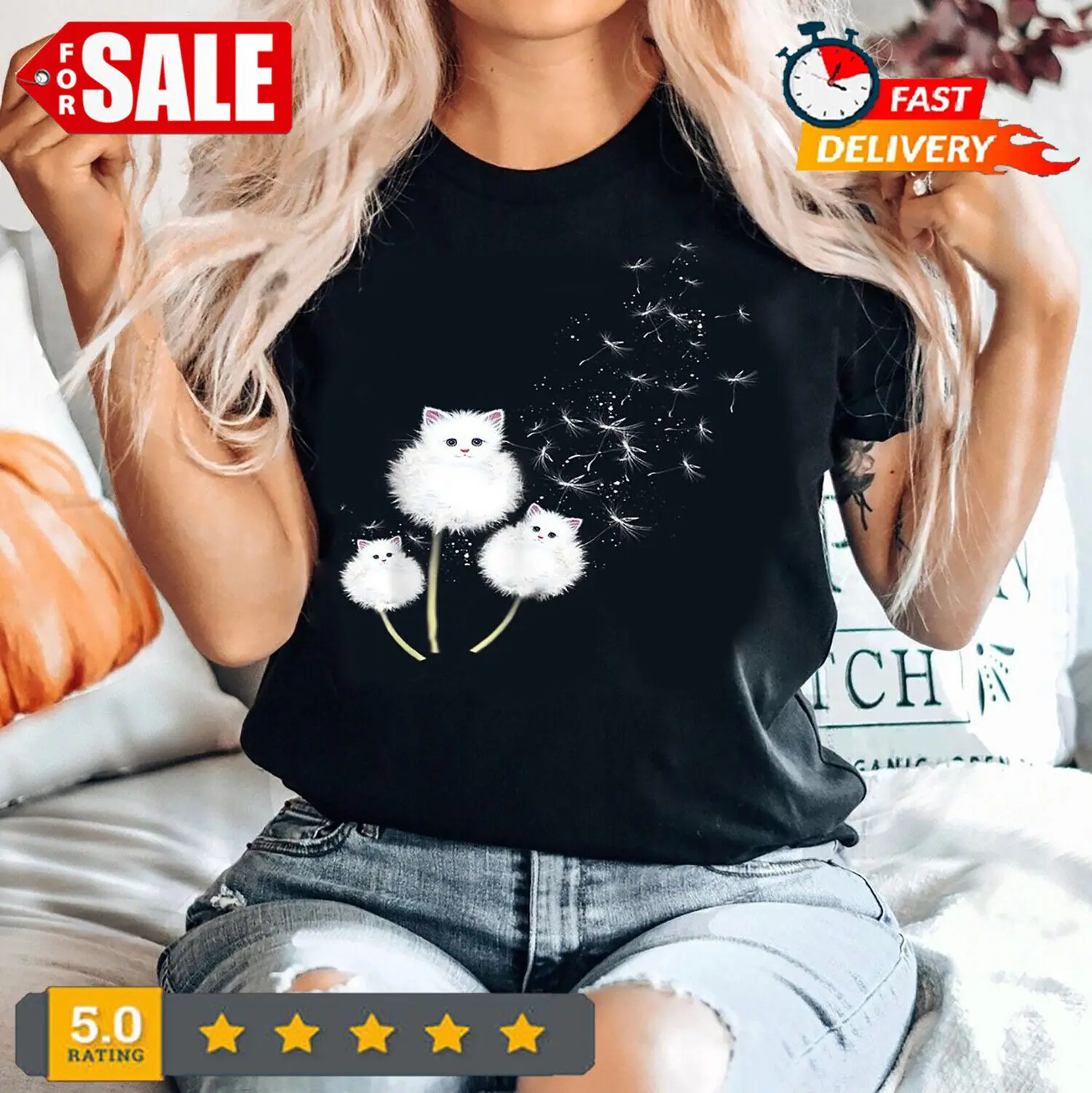 Cat Dandelion Flower Shirt, Cats Flower Fly Dandelion Shirt Cute Cat Lover T-Shi Maniche Lunghe