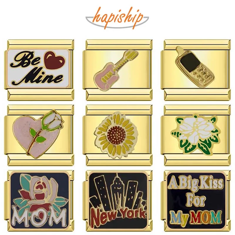 Hapiship 2024 Donne Be Mine Flower Mom Guitar Phone Italian Charms Links Fit 9Mm Bracciale In Acciaio Inossidabile Che Fa Gioielli Dj101
