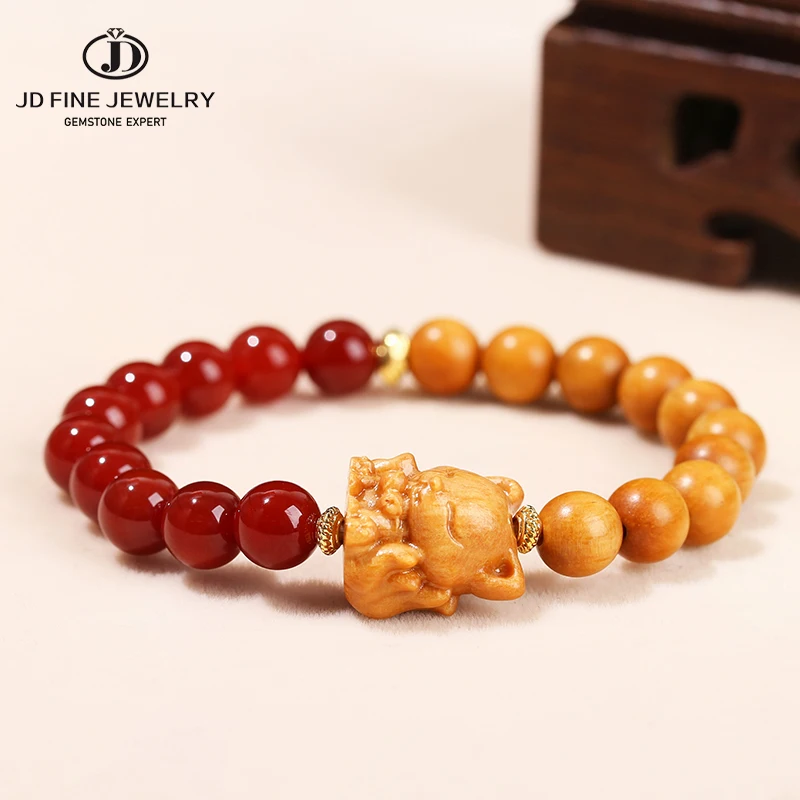 Jd Natural Stone Agata Rossa Legno Di Sandalo Intagliato Fox Charm Bracciale Moda Donna Round Bead Handmade Stretch Hand String Yoga Gift