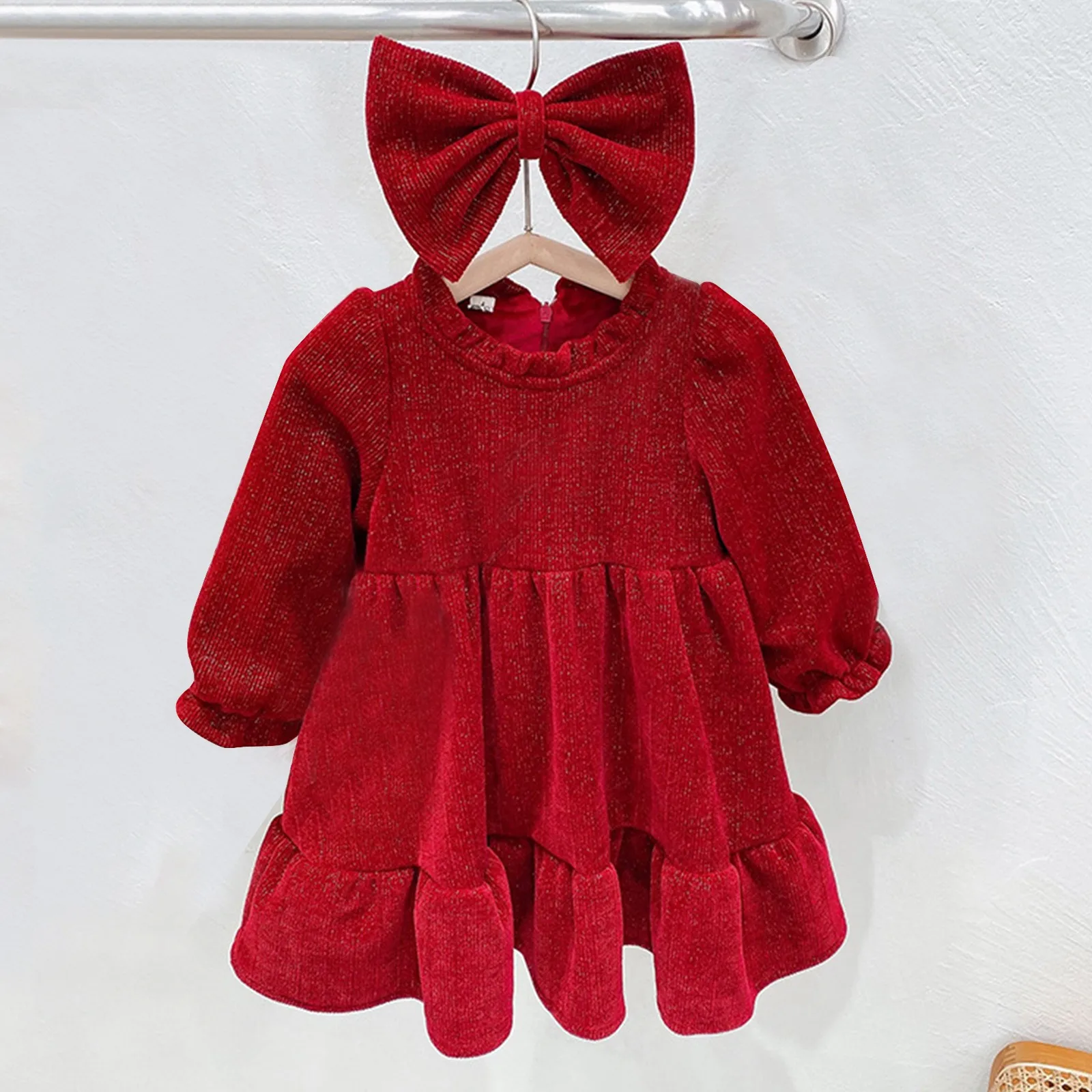 1-6Y Kids Girls' Winter New Style Neonate Bow Velvet Princess Dress Red Elegant Dress Capodanno Bow Accessori Per Capelli
