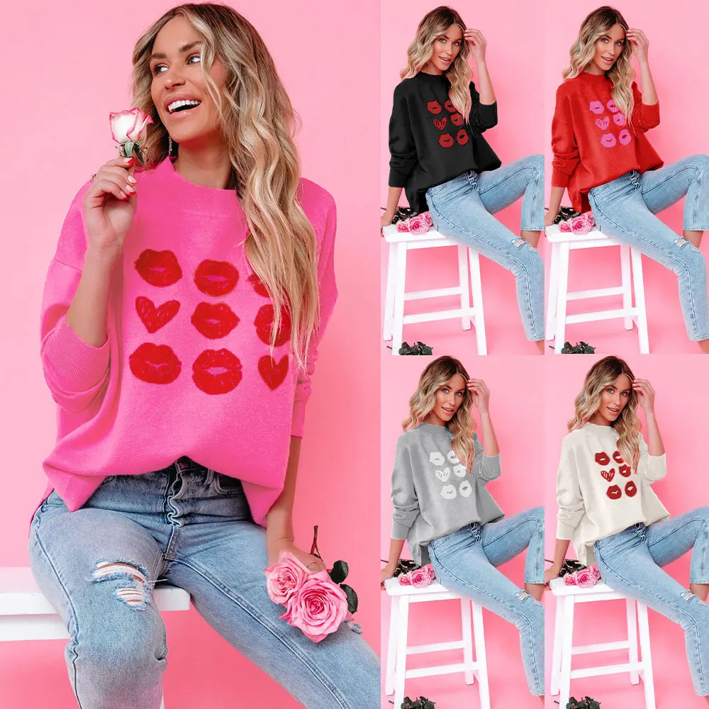 2024 Autunno/Inverno Nuovo Temu San Valentino Girocollo Jacquard Love Peach Pullover Da Donna Maglieria