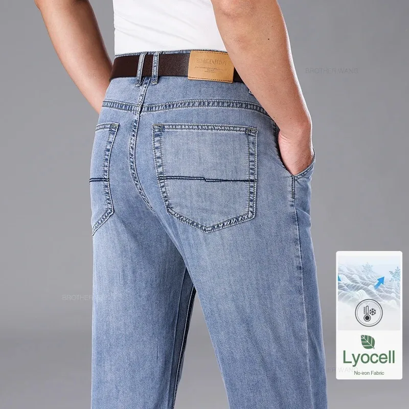 Lyocell Materiale Jeans Casual Da Uomo Ultrasottili Business Straight Drape Pantaloni Larghi Premium Pantaloni In Denim Elasticizzato A Vita Alta