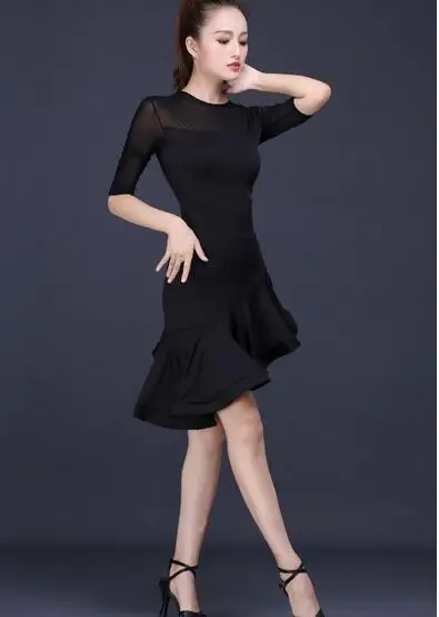 1 Pz/Lotto Donna Solid Latin Dress Femminile Casual Ruffles Performance Dress Ballroom Tango Cha Cha Rumba Costumes 2 Colori