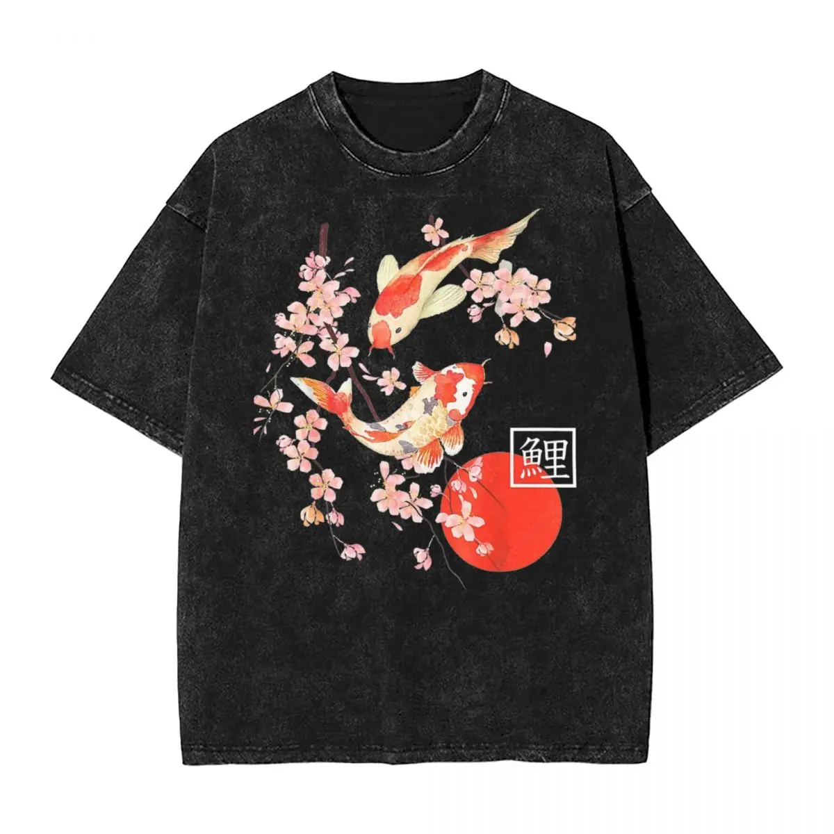 Cherry Blossom Koi Carp Fish Japanese Sakura Washed T Shirt Streetwear T-Shirt Tees Top Uomo Donna 100% Cotone Oversize Estate