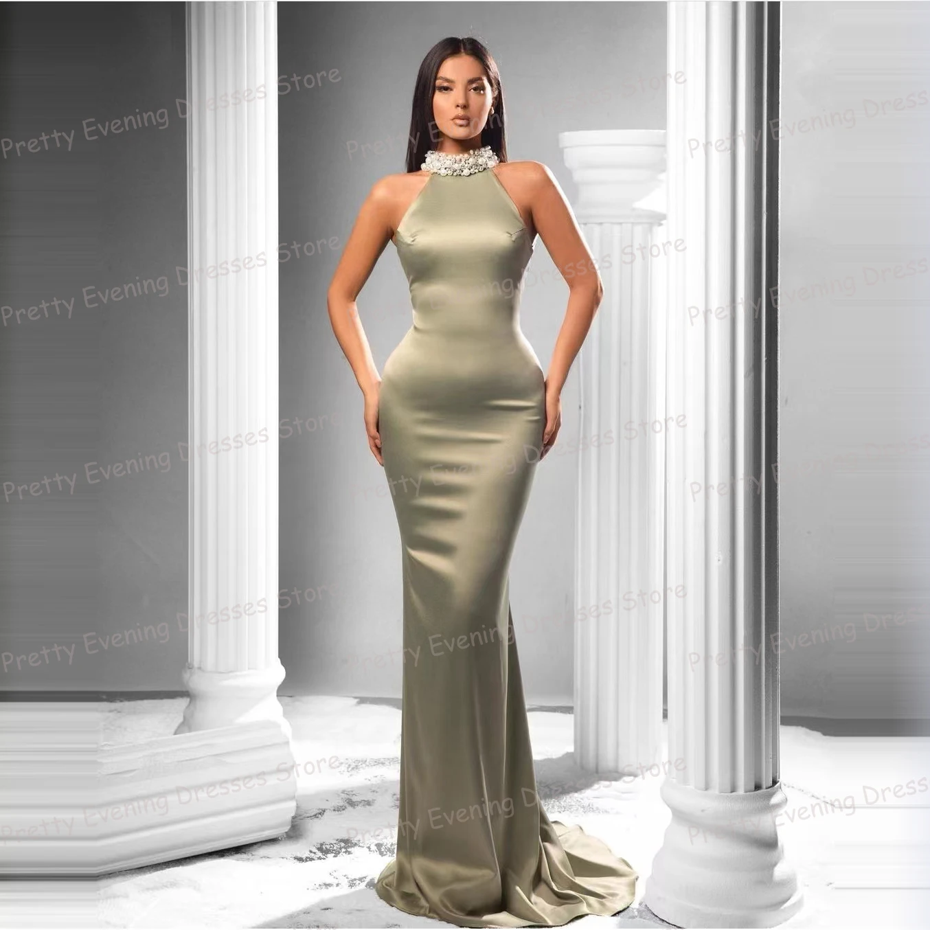 2024 Eleganti Abiti Da Sera In Raso Sirena Da Donna Sexy Sparkle Collo Alto Senza Maniche Backless Prom Growns Fashion Vestidos Festa