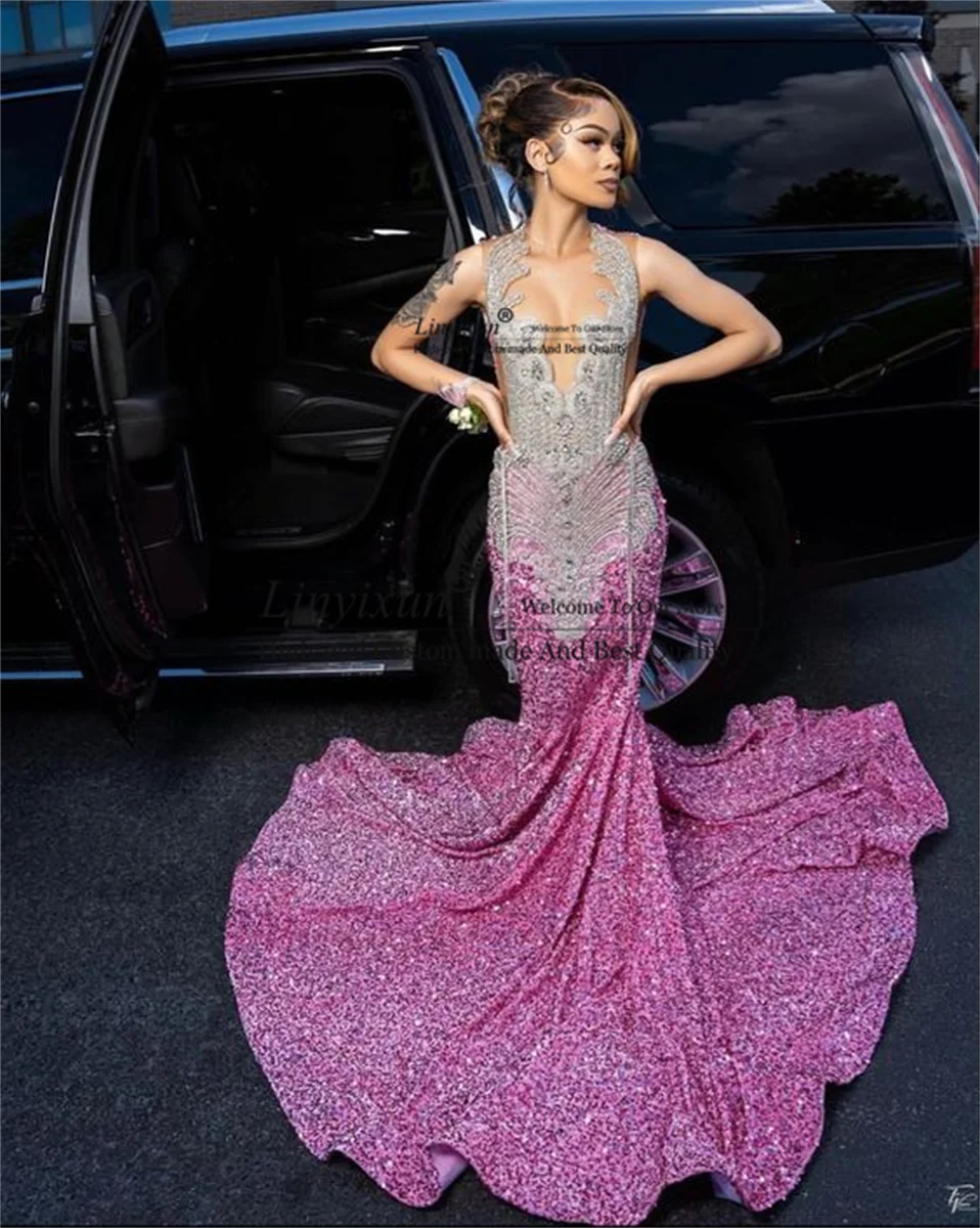 Shiny Glitter Pink Paillettes Memid Prom Dress Abiti Da Festa Di Compleanno Formale Per Black Girl African 2024 Vestidos De Festa