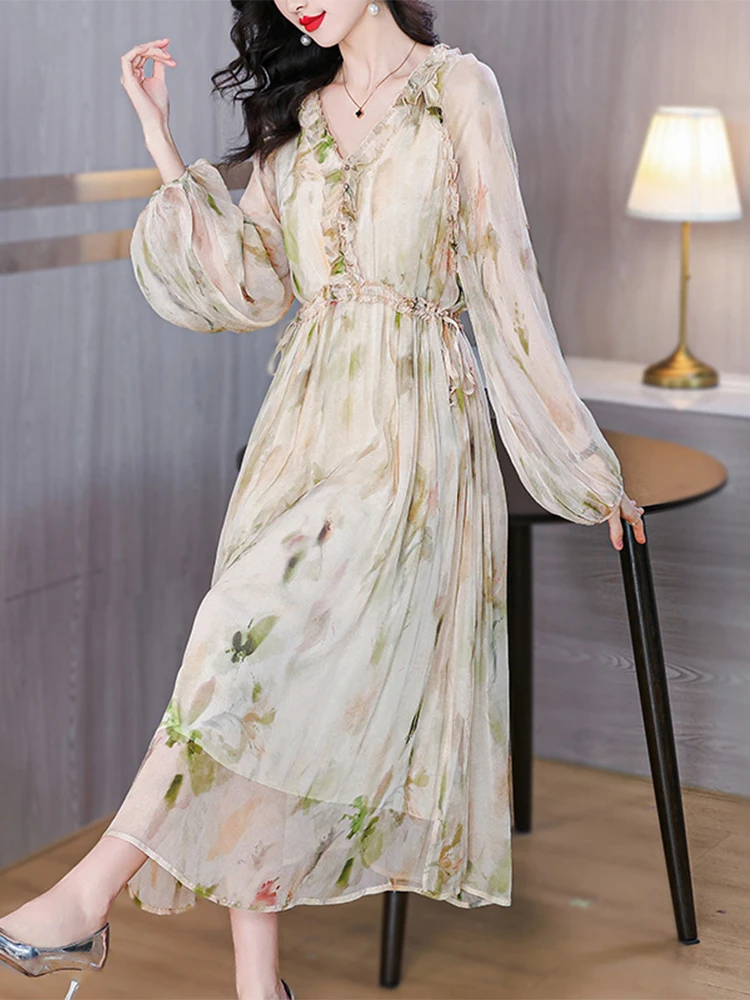 Boho Festa Luxo Midi Silk Women Dress 2024 New Spring Summer Floral Elegant Party Coreano Fashion Manica Lunga Tuniken Maxi Dress