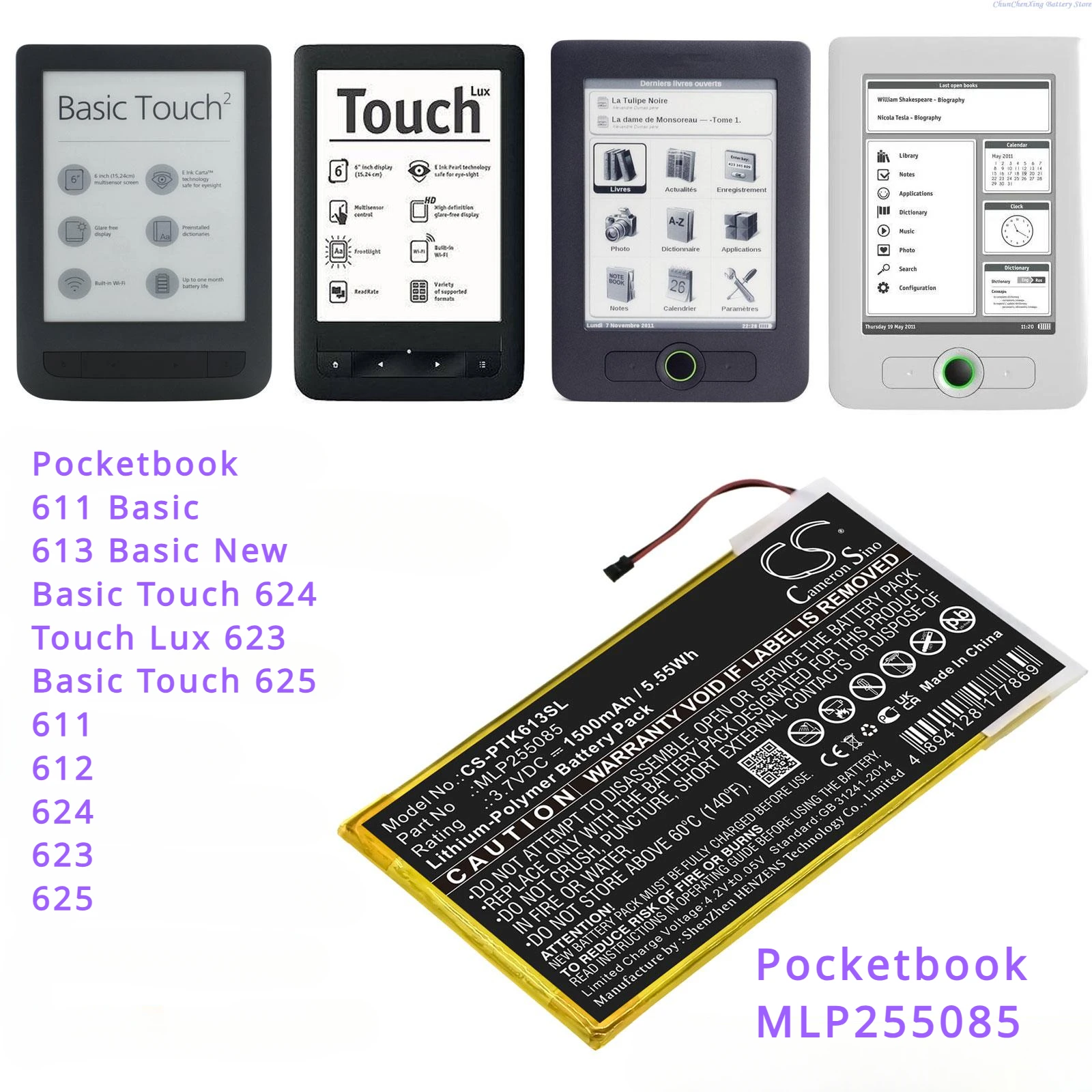 Batteria E-Reader Da 1500Mah Per Pocketbook 611 Basic, 613 Basic New, Basic Touch 624, Touch Lux 623, Basic Touch 625